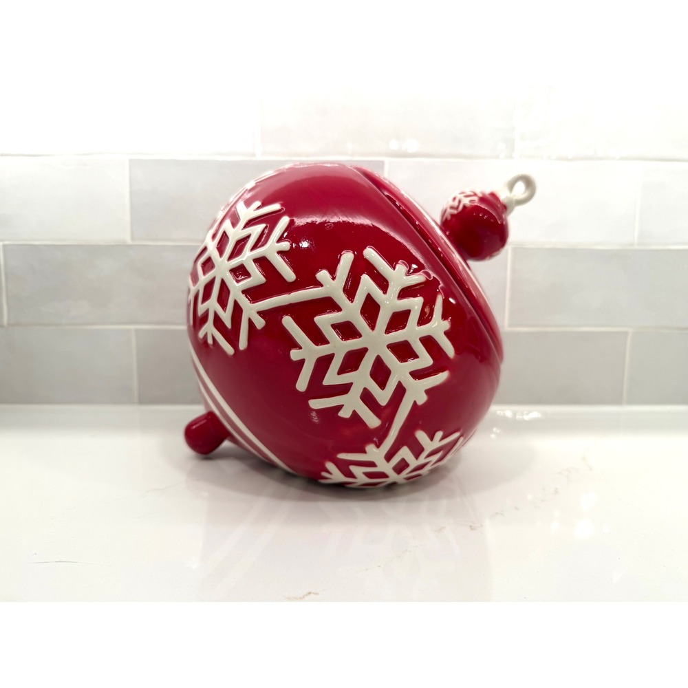 Real Home Red Ceramic Christmas Ornament Cookie‎ Jar Snowflake Earthenware